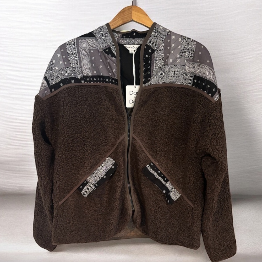 DAVI & DANI Sherpa Like and Bandanna Print Zip Up Sweater NWT